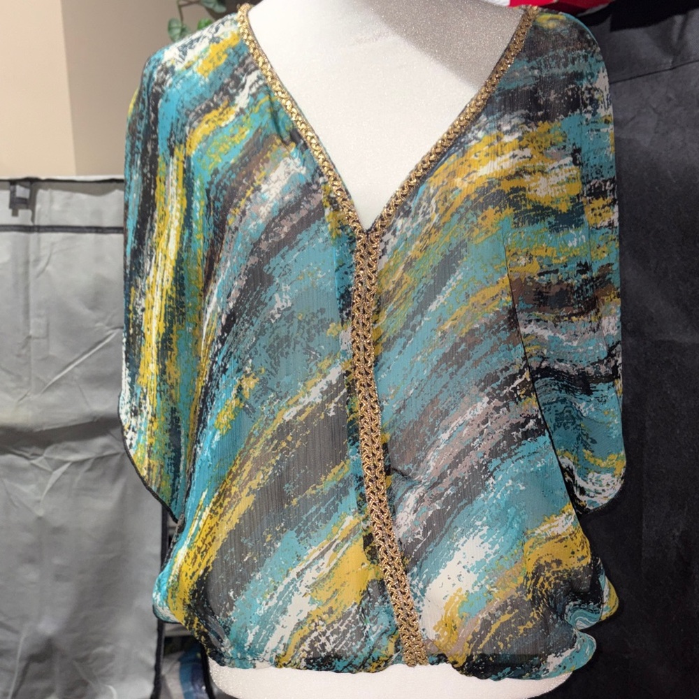 4c# Multicolor V-Neck Women's Top sheer . Statement W sz M firm $20